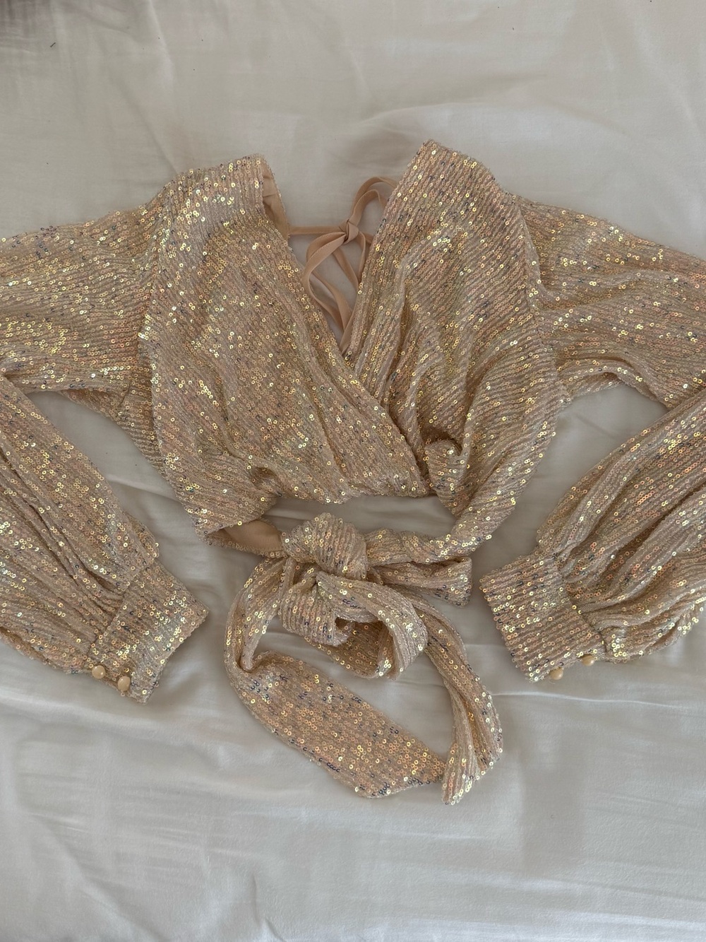 Adika Champagne Sequin Wrap Crop Top with Tie Waist